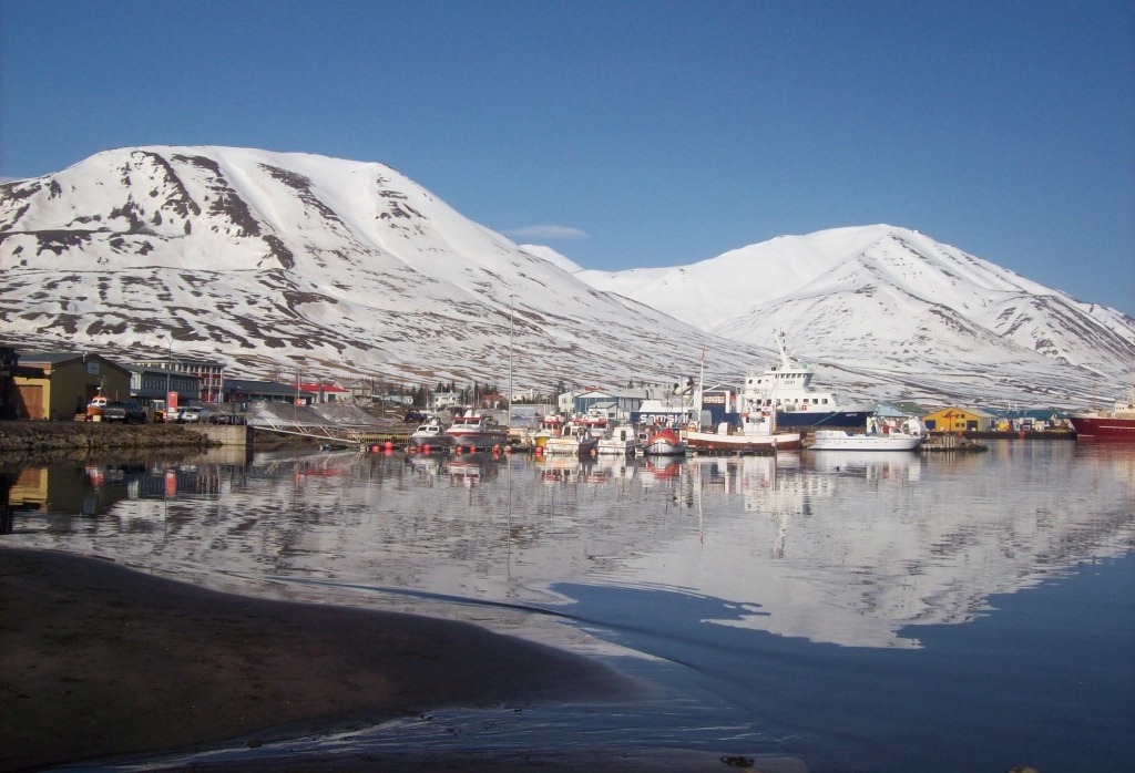The Arctic landscape and ice free ocean.