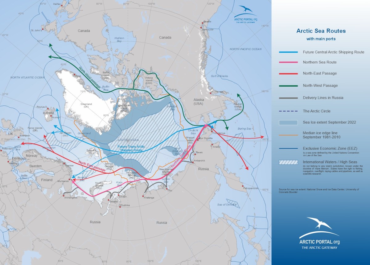 Map: Arctic Sea Routes with main ports - Northpolar Russia projection