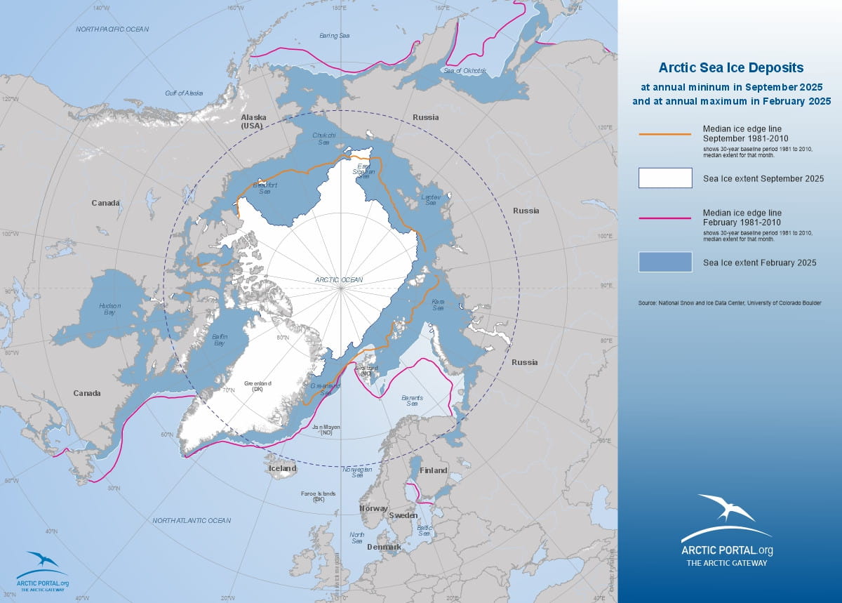 Arctic Portal Map - Arctic Sea Ice Deposits at Annual maximum in February 2025 and annual minimum in September 2025