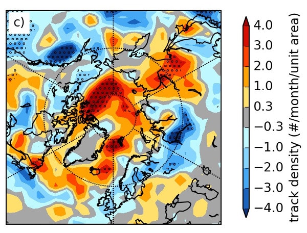 Difference in mean cyclone track density