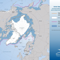 Arctic Sea Ice Deposits at annual minimum in September 2025 and at annual maximum in February 2025.