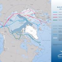 Arctic Sea Routes with main ports - Northpolar Canada projection