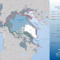Arctic Sea Routes with main ports and sea ice extent 2022 - Northpolar Canada projection